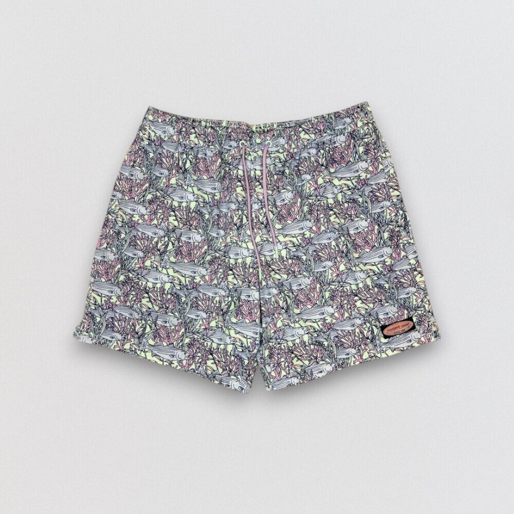 Men's Coral Reef Fish Print Swim Trunks L Beach Shorts Mesh Lined